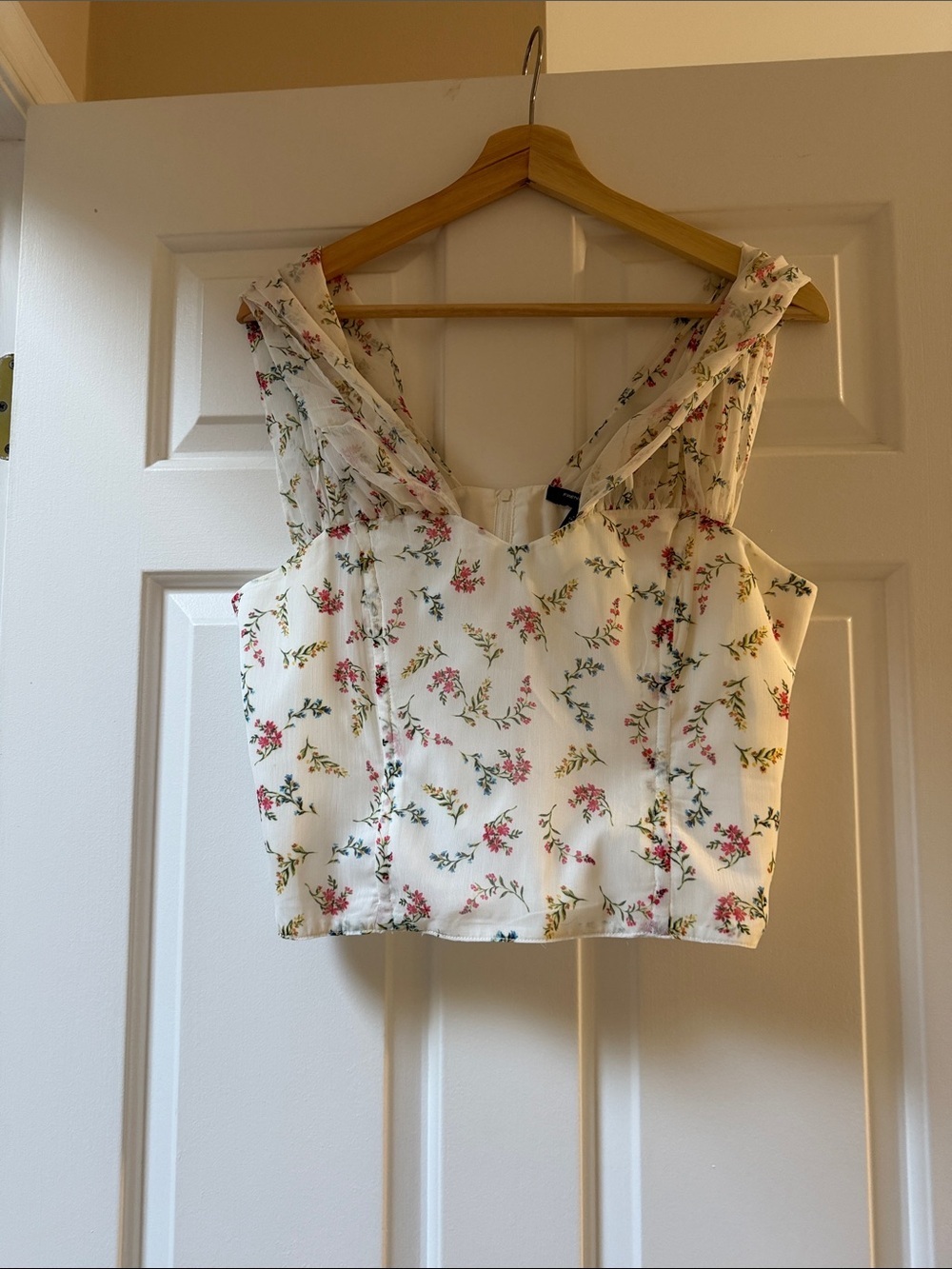French Connection White Floral Crop Top with Pink & Green Print